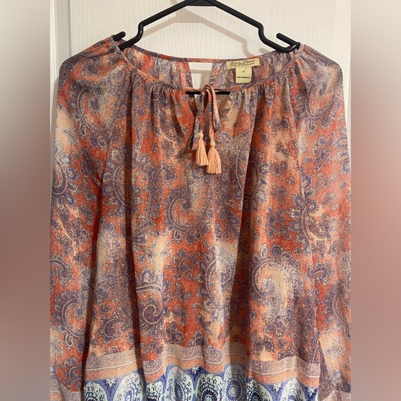Lucky Brand Boho Tassel Tie Lightweight Coastal Paisley Sheer Blouse Size Medium - Picture 2 of 10